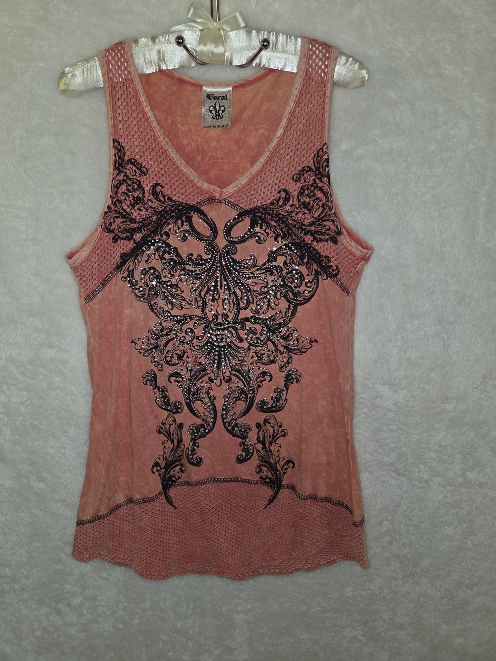 Vtg Vocal Tank Top XL Coral Pink Rhinestone Grunge Western Bling Rock Biker y2k